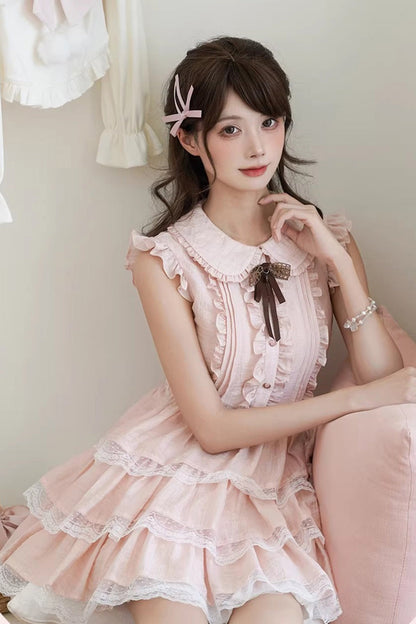Sweet Lolita Dress - Doll Collar Triple-layered, Pink, Lace Trim, Ruffled, Bow Detail - additional product view 4
