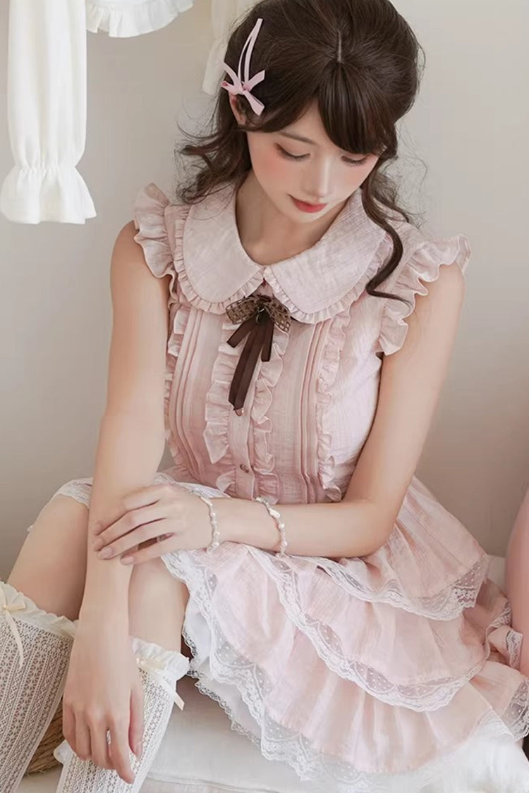 Sweet Lolita Dress - Doll Collar Triple-layered, Pink, Lace Trim, Ruffled, Bow Detail - additional product view 5
