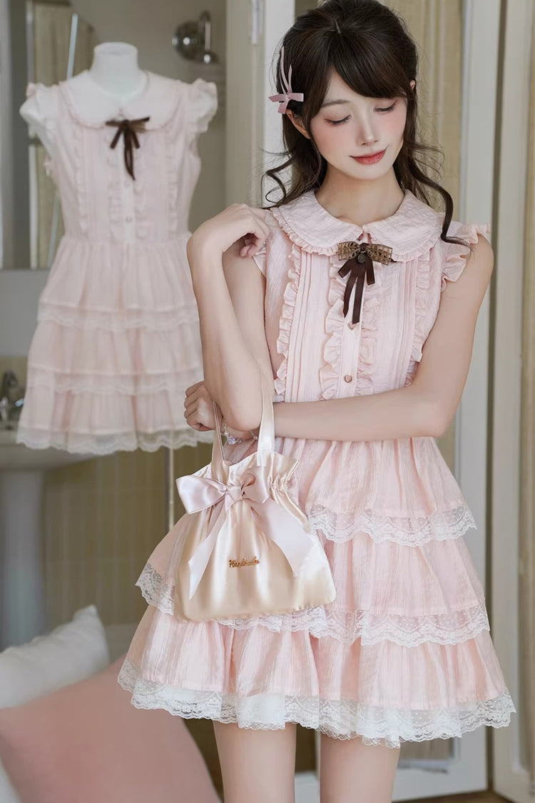 Sweet Lolita Dress - Doll Collar Triple-layered, Pink, Lace Trim, Ruffled, Bow Detail - additional product view 6