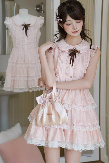 Sweet Lolita Dress - Doll Collar Triple-layered, Pink, Lace Trim, Ruffled, Bow Detail - additional product view 6