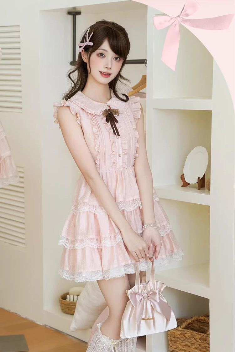 Sweet Lolita Dress - Doll Collar Triple-layered, Pink, Lace Trim, Ruffled, Bow Detail - additional product view 7
