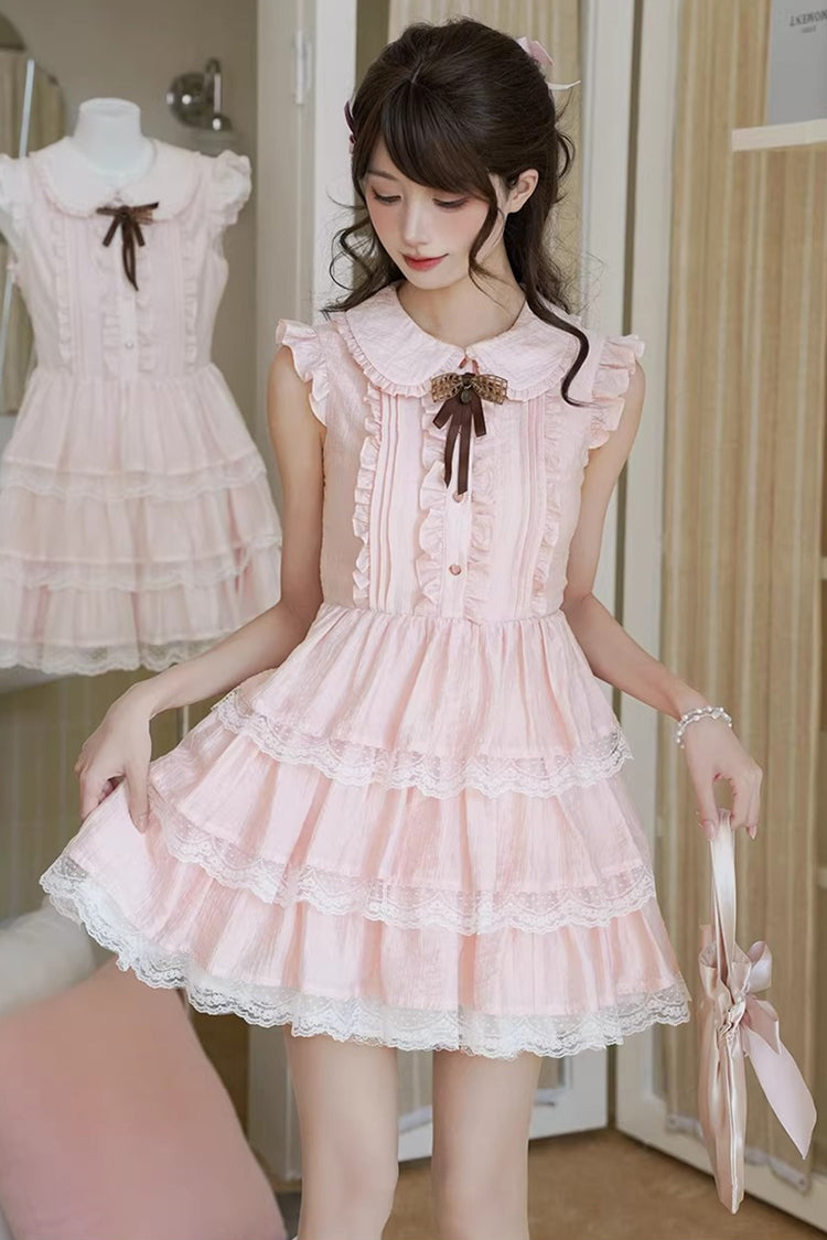 Sweet Lolita Dress - Doll Collar Triple-layered, Pink, Lace Trim, Ruffled, Bow Detail - additional product view 8