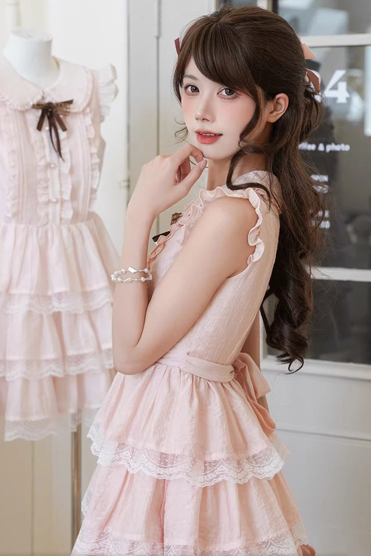 Sweet Lolita Dress - Doll Collar Triple-layered, Pink, Lace Trim, Ruffled, Bow Detail - additional product view 9