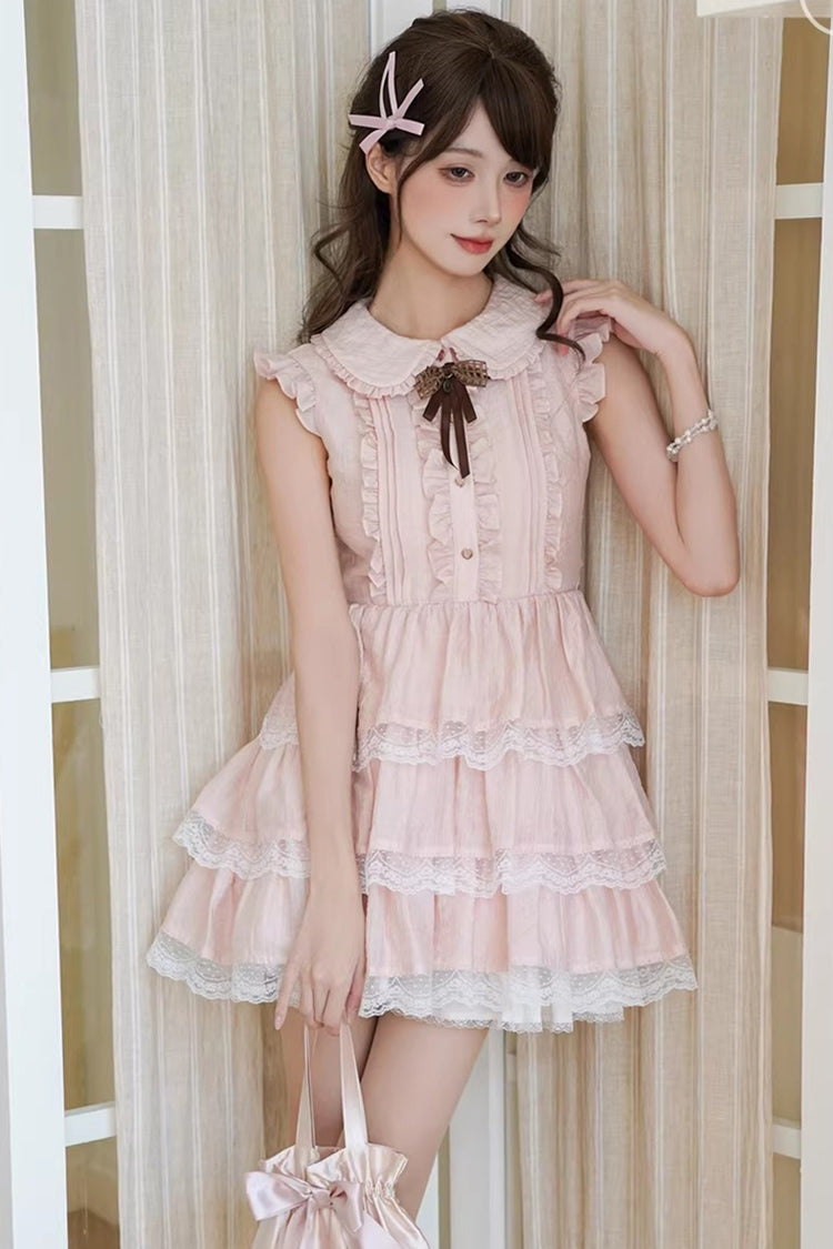 Sweet Lolita Dress - Doll Collar Triple-layered, Pink, Lace Trim, Ruffled, Bow Detail - main product image