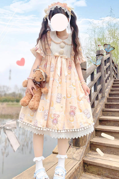 Sweet Lolita Dress - Doll Collar, Yellow, Bow Detail, Printed - main product image