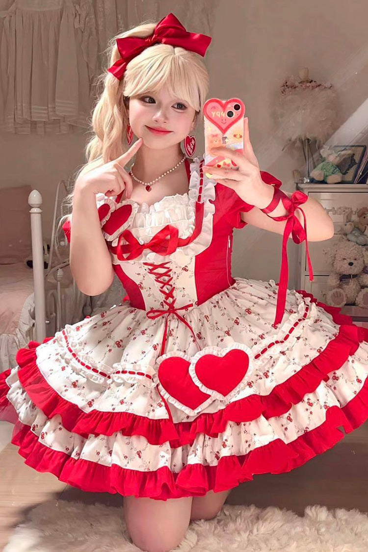 Sweet Lolita Dress - Double-layered Floral Print, Red, Ruffled, Printed, Bow Detail - additional product view 2
