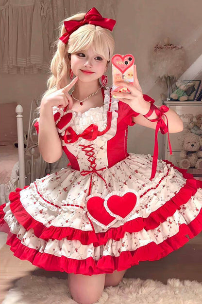 Sweet Lolita Dress - Double-layered Floral Print, Red, Ruffled, Printed, Bow Detail - additional product view 2