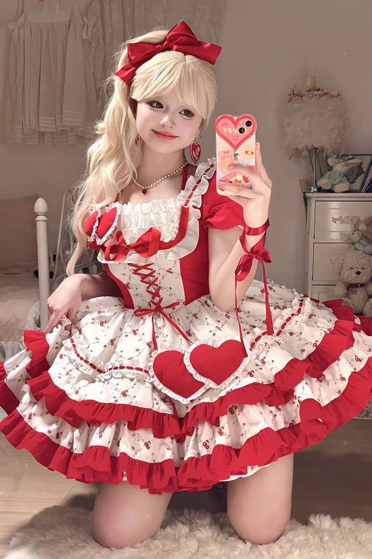 Sweet Lolita Dress - Double-layered Floral Print, Red, Ruffled, Printed, Bow Detail - additional product view 3