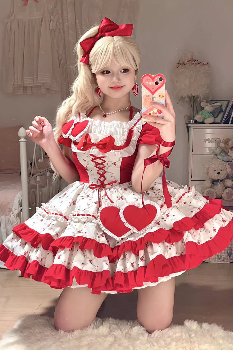 Sweet Lolita Dress - Double-layered Floral Print, Red, Ruffled, Printed, Bow Detail - additional product view 4