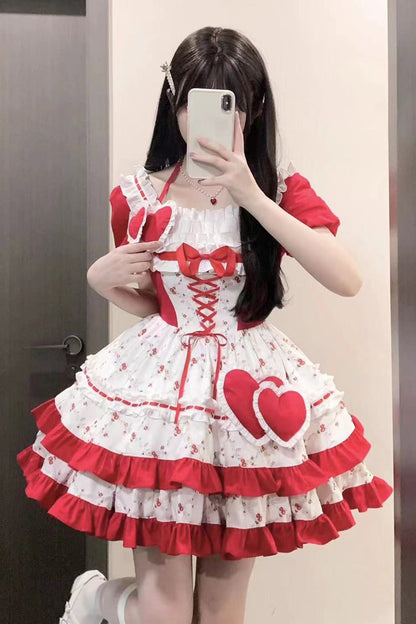 Sweet Lolita Dress - Double-layered Floral Print, Red, Ruffled, Printed, Bow Detail - additional product view 5