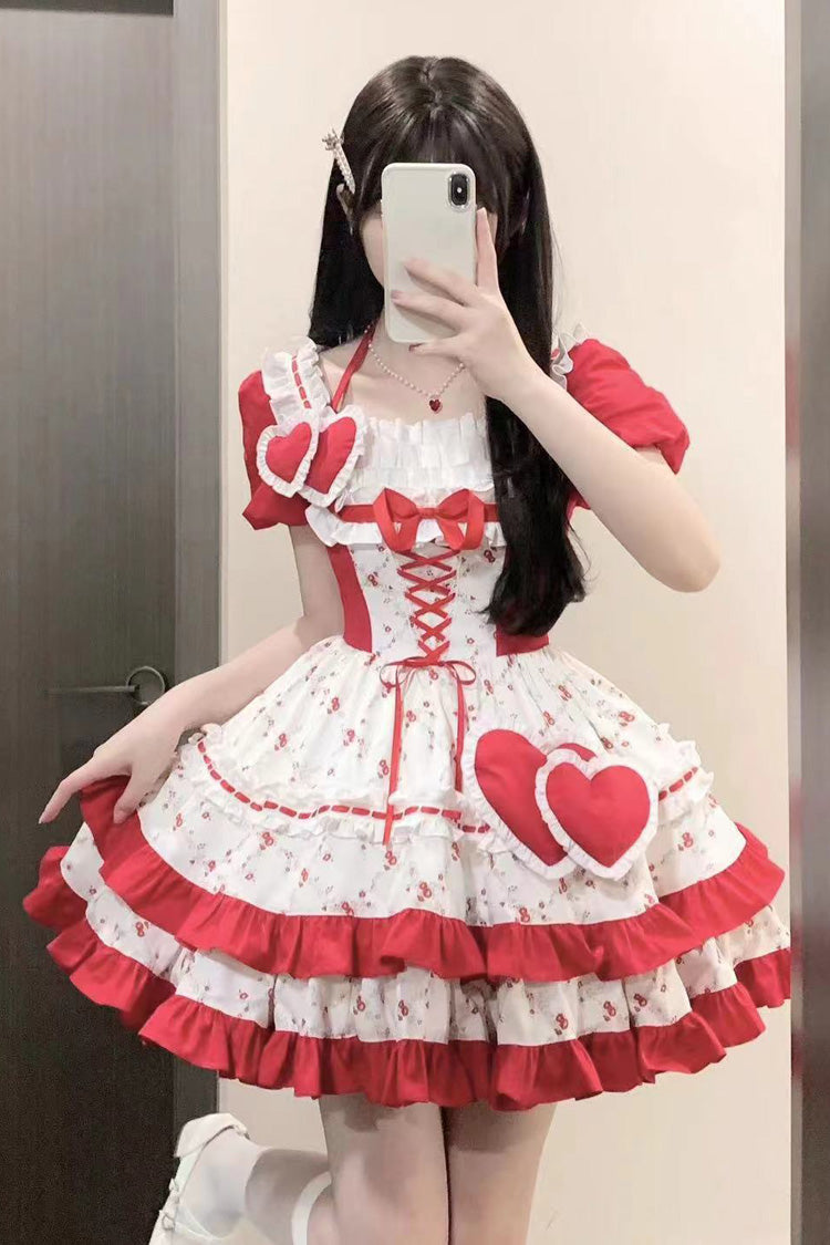 Sweet Lolita Dress - Double-layered Floral Print, Red, Ruffled, Printed, Bow Detail - additional product view 6