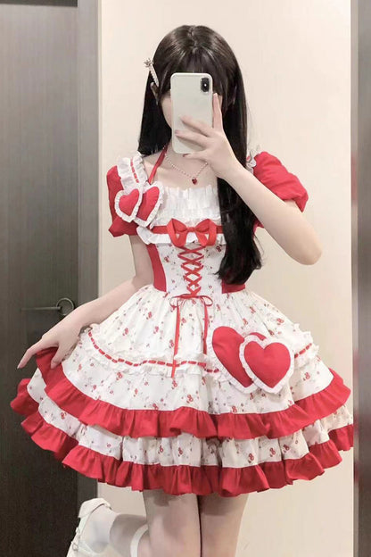 Sweet Lolita Dress - Double-layered Floral Print, Red, Ruffled, Printed, Bow Detail - additional product view 6
