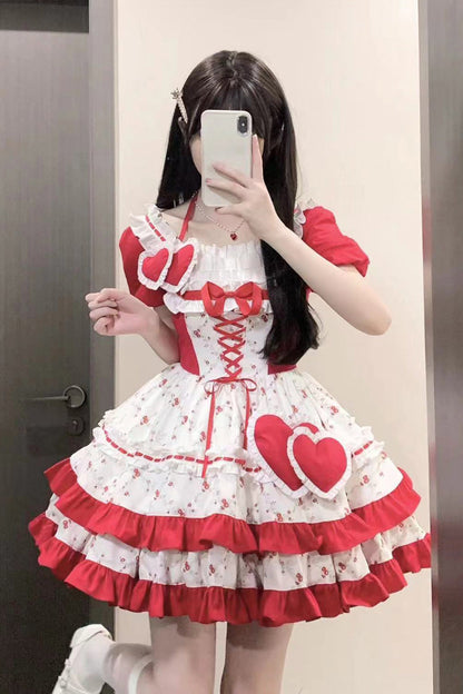 Sweet Lolita Dress - Double-layered Floral Print, Red, Ruffled, Printed, Bow Detail - additional product view 7
