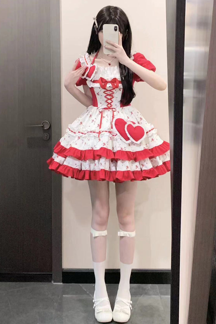 Sweet Lolita Dress - Double-layered Floral Print, Red, Ruffled, Printed, Bow Detail - additional product view 8