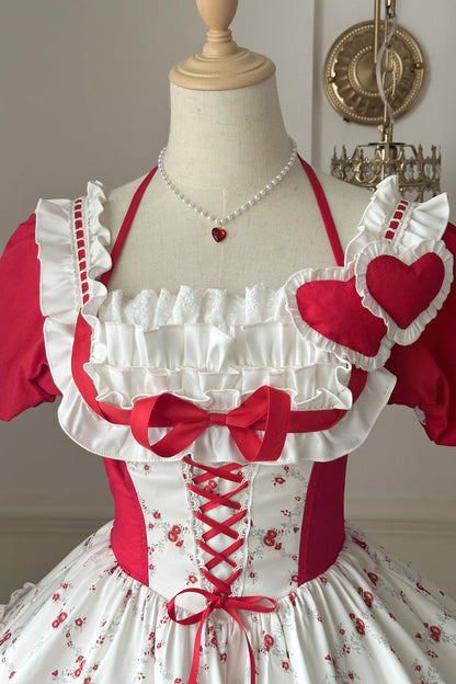 Sweet Lolita Dress - Double-layered Floral Print, Red, Ruffled, Printed, Bow Detail - additional product view 9