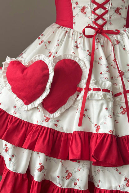 Sweet Lolita Dress - Double-layered Floral Print, Red, Ruffled, Printed, Bow Detail - additional product view 10