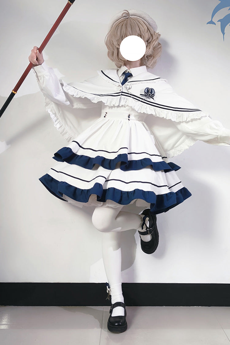 Sweet Lolita Dress - Double-layered Ruffle College, White, Ruffled, Long Sleeves - additional product view 2