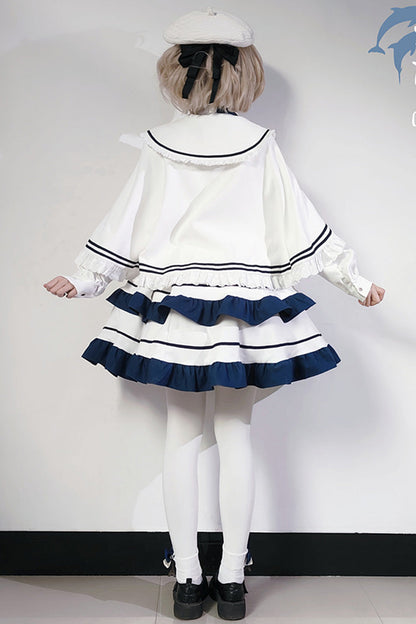 Sweet Lolita Dress - Double-layered Ruffle College, White, Ruffled, Long Sleeves - additional product view 3