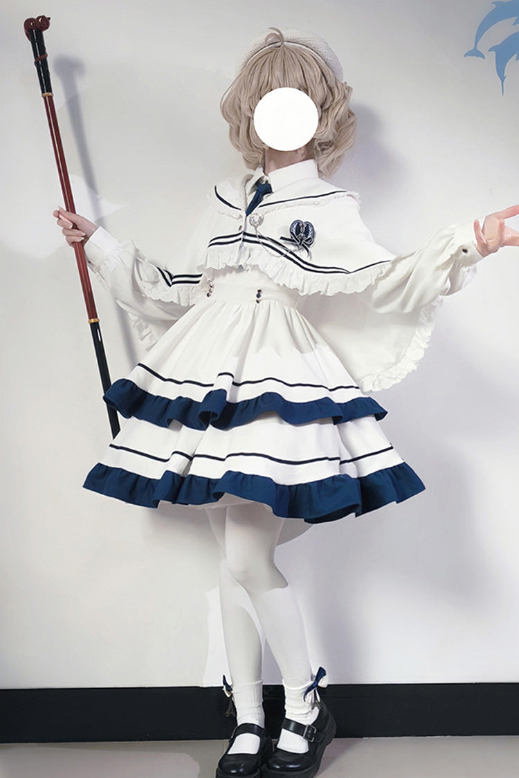 Sweet Lolita Dress - Double-layered Ruffle College, White, Ruffled, Long Sleeves - additional product view 4