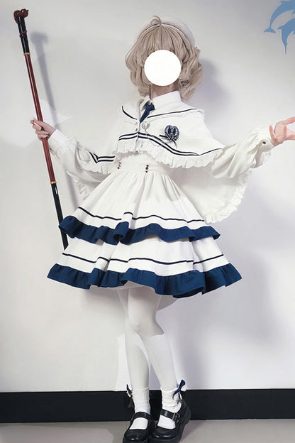 Sweet Lolita Dress - Double-layered Ruffle College, White, Ruffled, Long Sleeves - additional product view 4