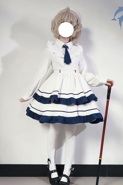 Sweet Lolita Dress - Double-layered Ruffle College, White, Ruffled, Long Sleeves - additional product view 6