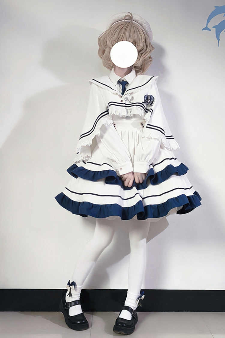 Sweet Lolita Dress - Double-layered Ruffle College, White, Ruffled, Long Sleeves - additional product view 7