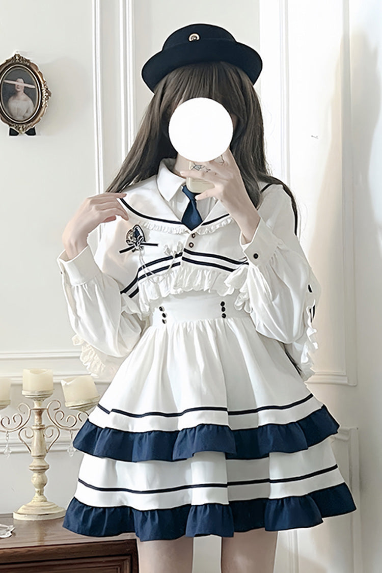 Sweet Lolita Dress - Double-layered Ruffle College, White, Ruffled, Long Sleeves - additional product view 9