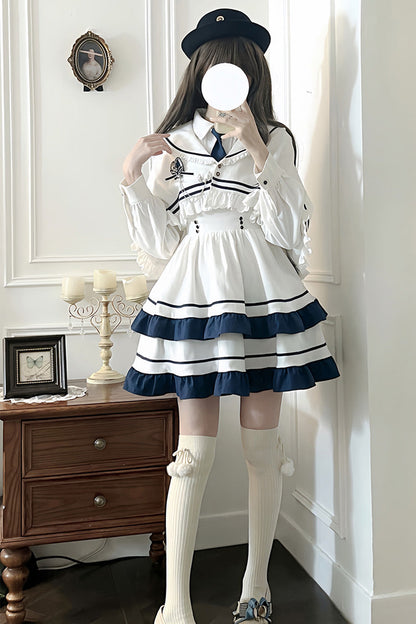 Sweet Lolita Dress - Double-layered Ruffle College, White, Ruffled, Long Sleeves - additional product view 10