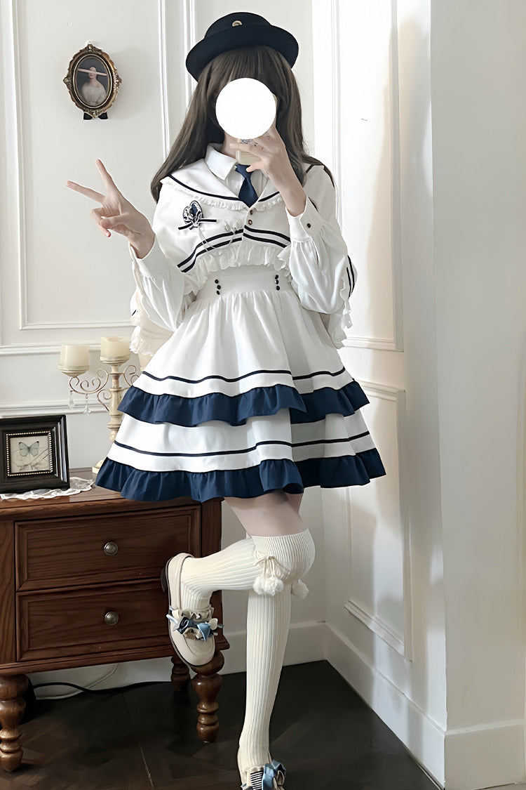 Sweet Lolita Dress - Double-layered Ruffle College, White, Ruffled, Long Sleeves - additional product view 11