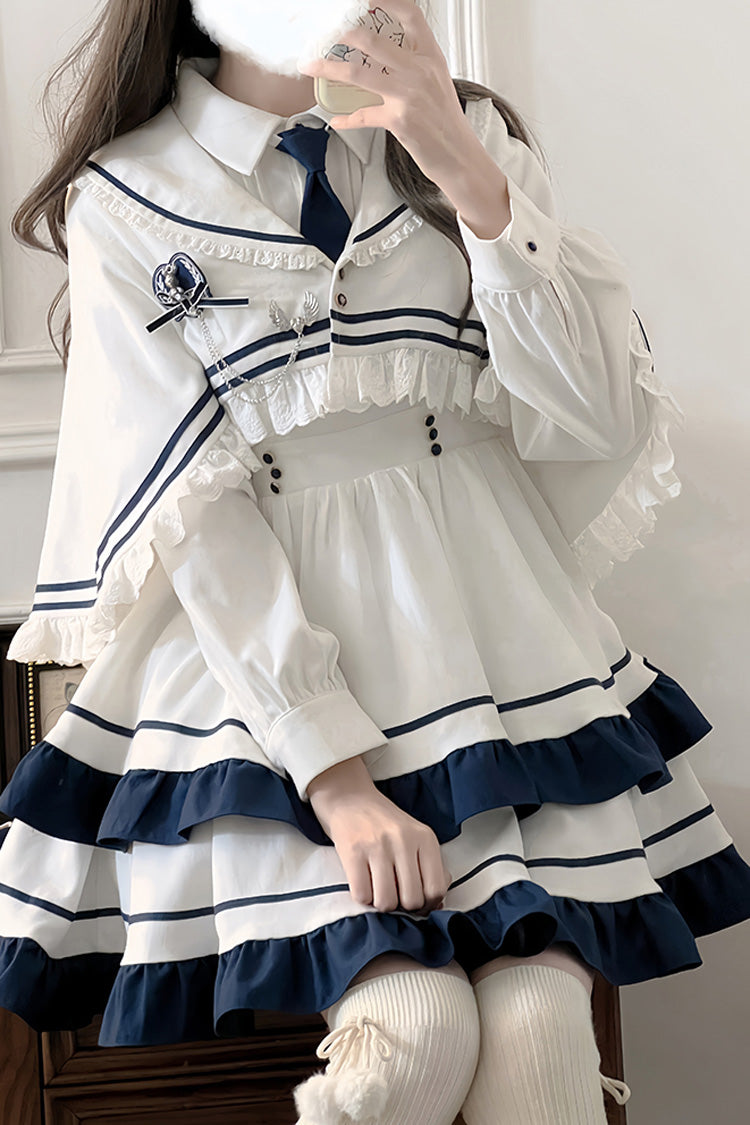 Sweet Lolita Dress - Double-layered Ruffle College, White, Ruffled, Long Sleeves - additional product view 12
