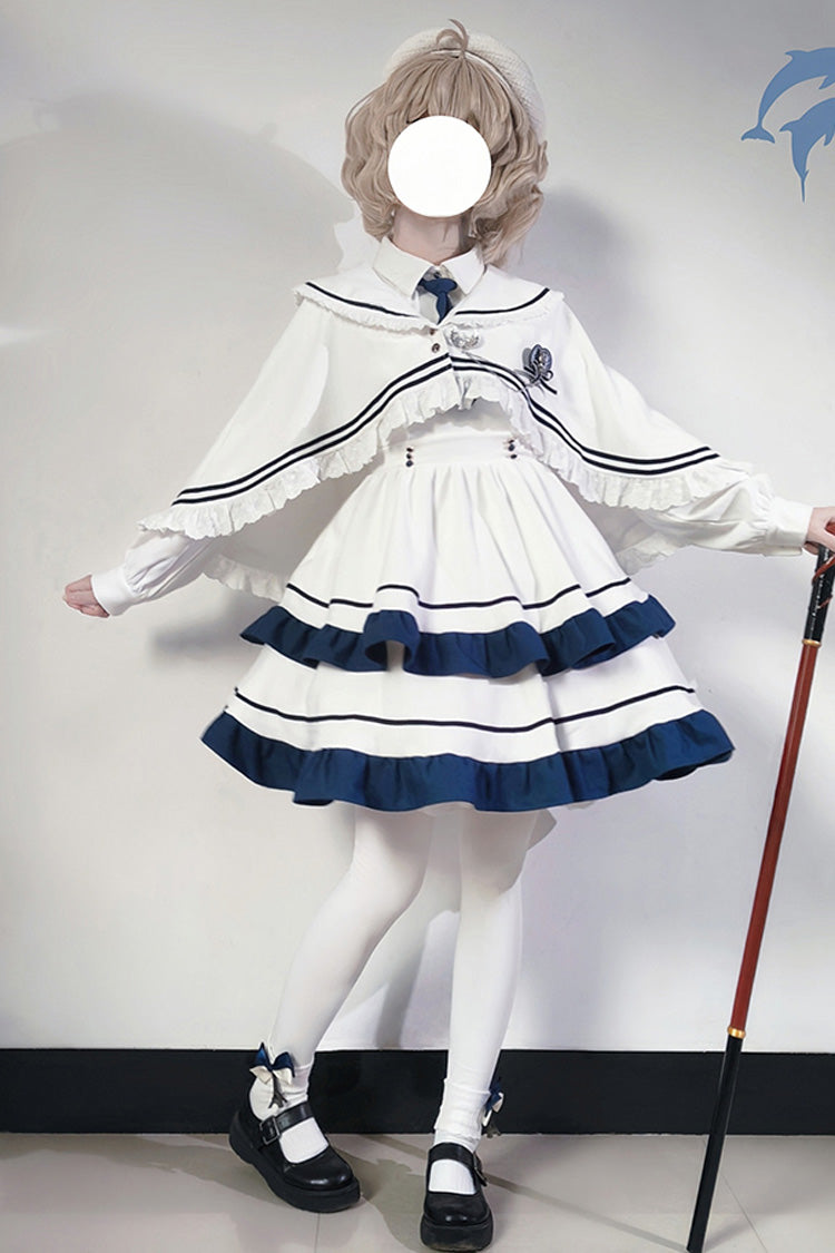 Sweet Lolita Dress - Double-layered Ruffle College, White, Ruffled, Long Sleeves - main product image