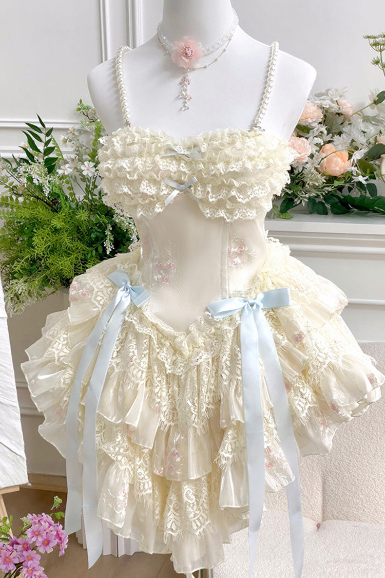 Sweet Lolita Dress - Dream Of Love Multi-layered, 2 Colors, Ruffled, Bow Detail, Lace Trim - S Off-White / M Off-White / L Off-White option