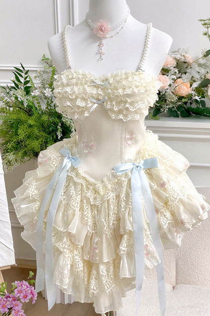 Sweet Lolita Dress - Dream Of Love Multi-layered, 2 Colors, Ruffled, Bow Detail, Lace Trim - S Off-White / M Off-White / L Off-White option