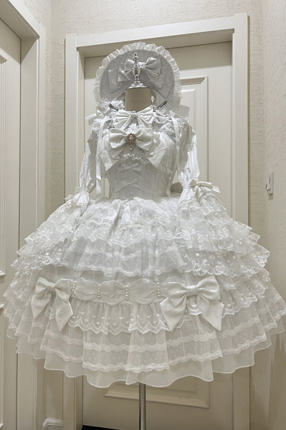 Sweet Lolita Dress - Dream Prologue, White, Lace Trim, Layered, Bow Detail - main product image