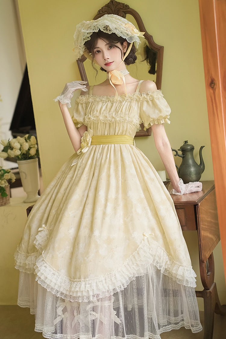 Sweet Lolita Dress - Falling Flowers As A Message, Yellow, Square Collar, Long Length - additional product view 2