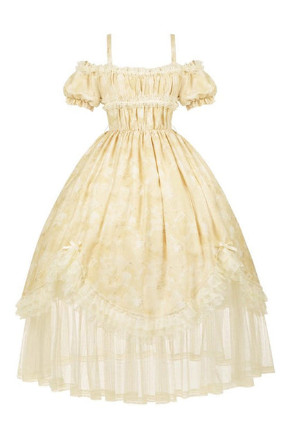 Sweet Lolita Dress - Falling Flowers As A Message, Yellow, Square Collar, Long Length - additional product view 3