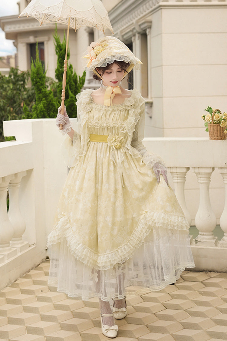 Sweet Lolita Dress - Falling Flowers As A Message, Yellow, Square Collar, Long Length - additional product view 4