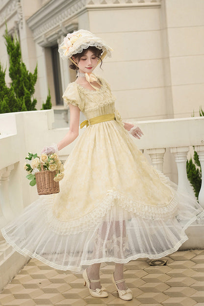 Sweet Lolita Dress - Falling Flowers As A Message, Yellow, Square Collar, Long Length - additional product view 5