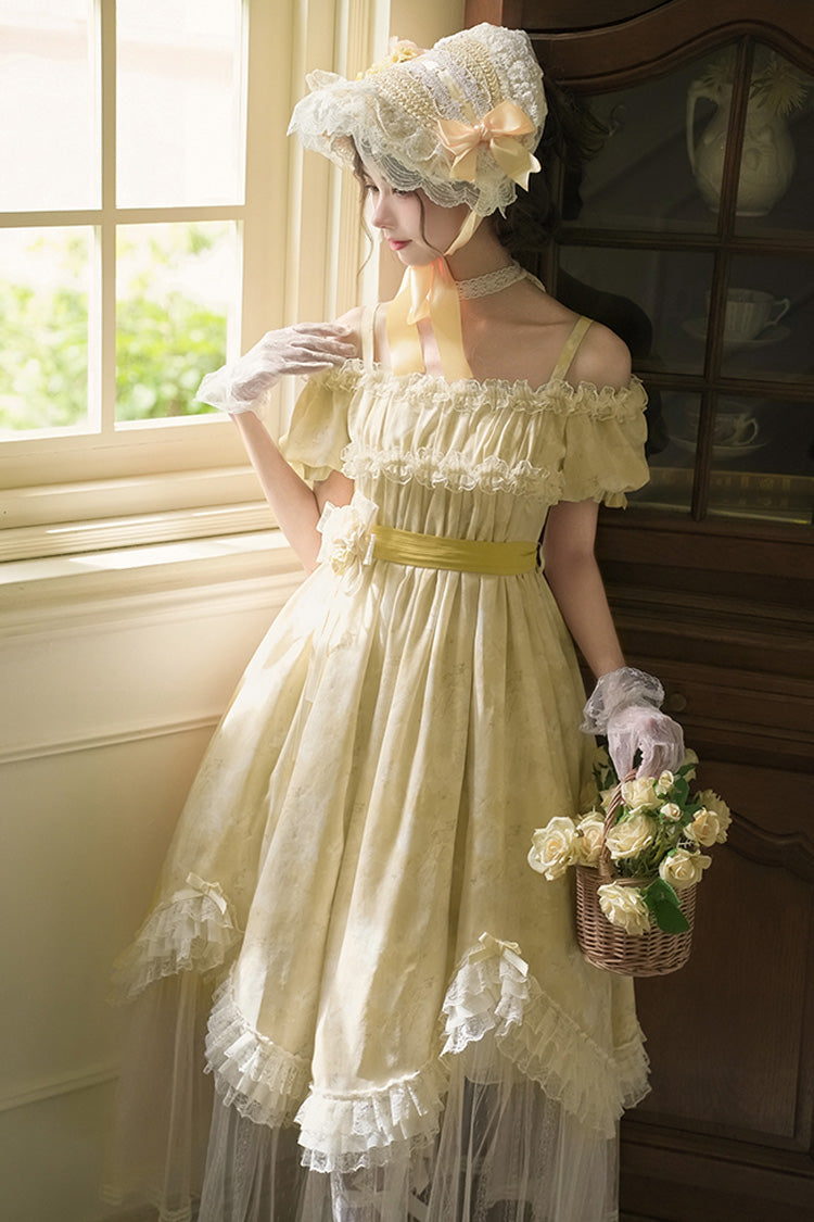 Sweet Lolita Dress - Falling Flowers As A Message, Yellow, Square Collar, Long Length - additional product view 7