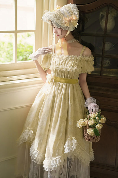 Sweet Lolita Dress - Falling Flowers As A Message, Yellow, Square Collar, Long Length - additional product view 7