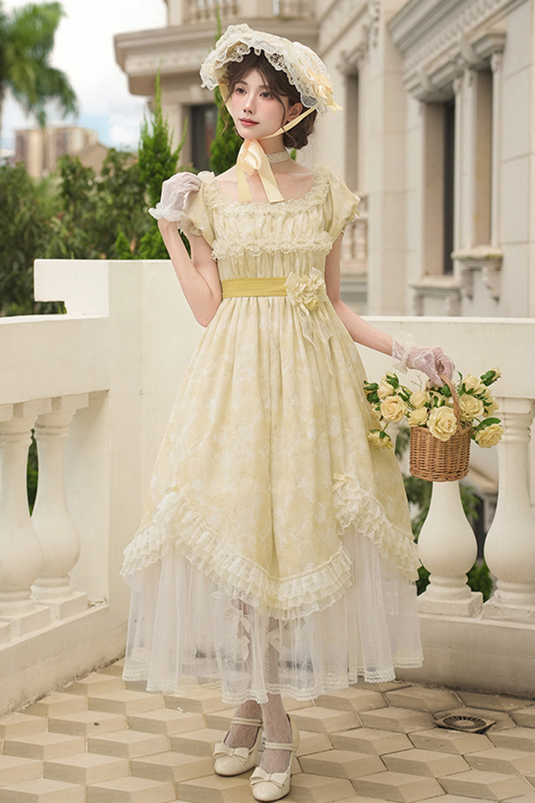 Sweet Lolita Dress - Falling Flowers As A Message, Yellow, Square Collar, Long Length - main product image