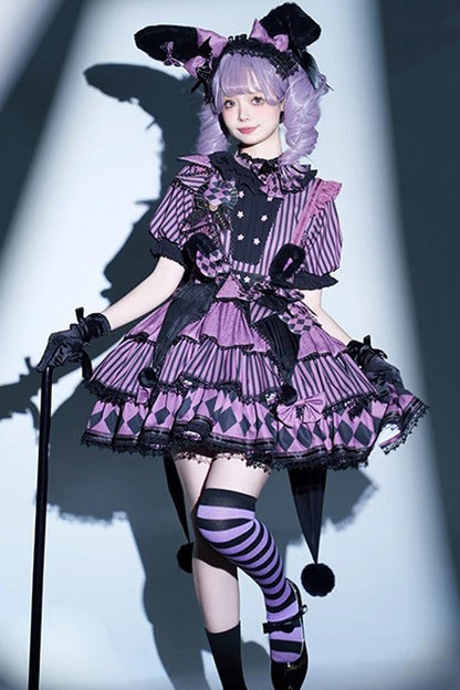 Sweet Lolita Dress - Fantasy Circus Triple-layered, Purple, Ruffled, Printed, Bow Detail - main product image