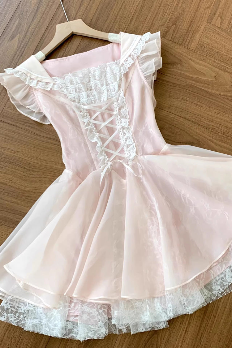 Sweet Lolita Dress - Floral Letter, Pink, Square Collar, Ballet-Inspired Style, Lace Trim - additional product view 2