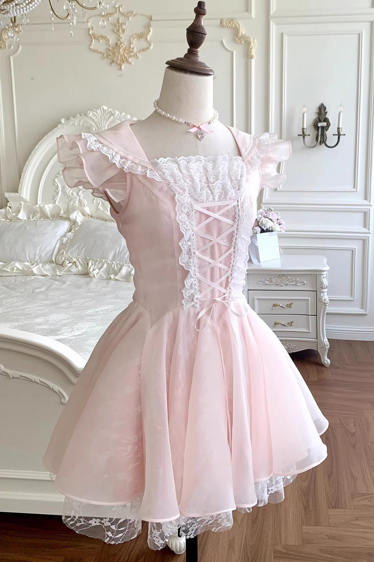 Sweet Lolita Dress - Floral Letter, Pink, Square Collar, Ballet-Inspired Style, Lace Trim - main product image