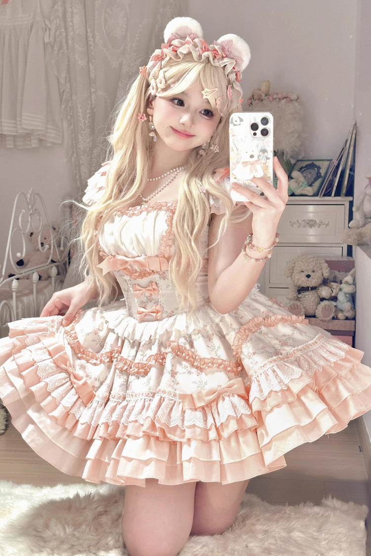 Sweet Lolita Dress - Floral Print Multi-layer, 2 Colors, Ruffled, Printed, Layered - additional product view 2