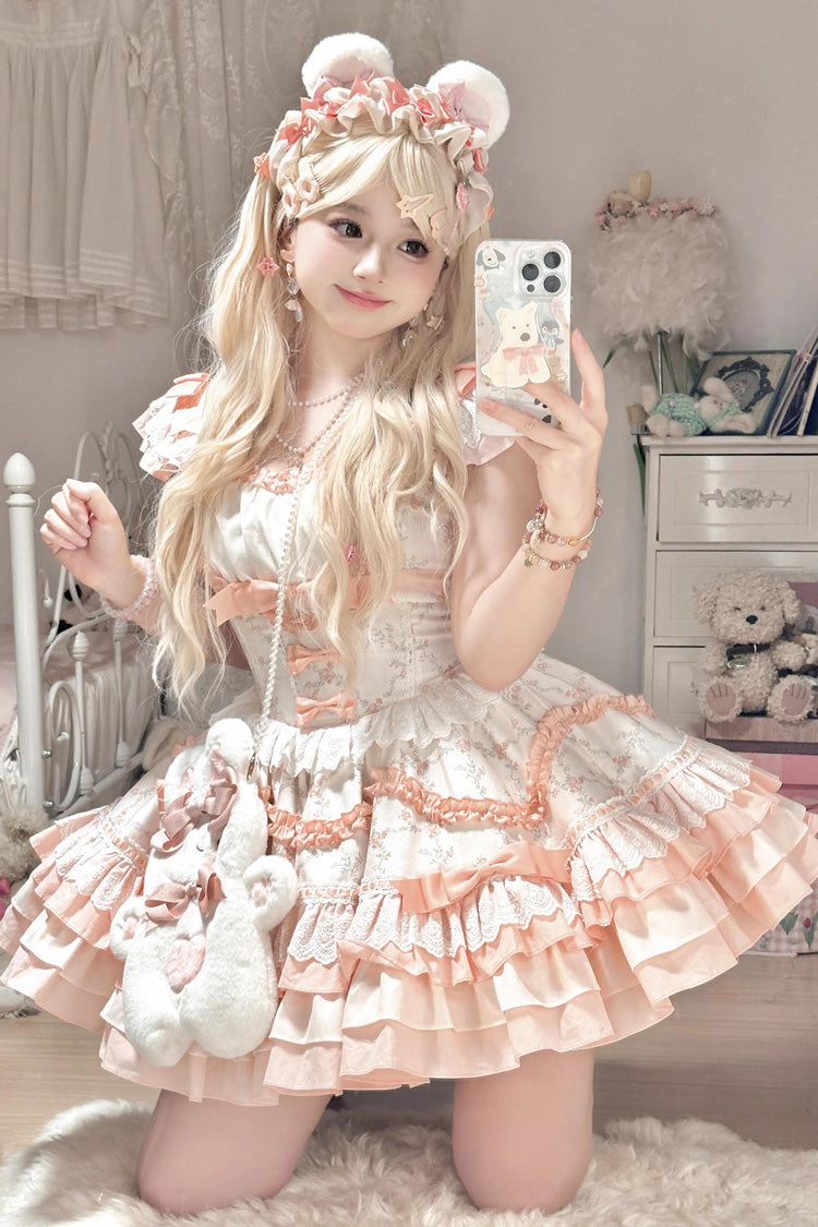Sweet Lolita Dress - Floral Print Multi-layer, 2 Colors, Ruffled, Printed, Layered - main product image