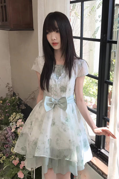 Sweet Lolita Dress - Floral Printed Bow Lace, Green, Lace Trim, Bow Detail - additional product view 2