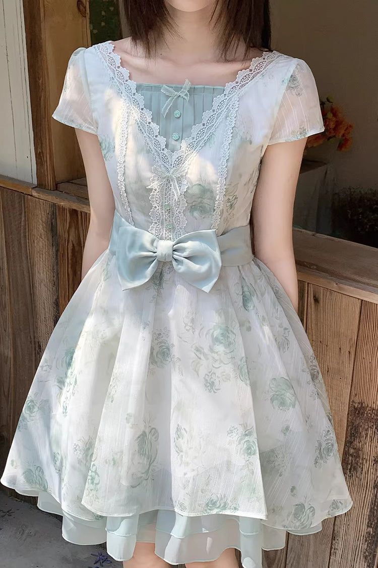 Sweet Lolita Dress - Floral Printed Bow Lace, Green, Lace Trim, Bow Detail - additional product view 3