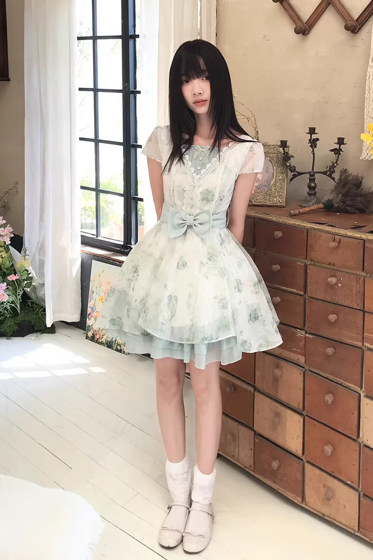 Sweet Lolita Dress - Floral Printed Bow Lace, Green, Lace Trim, Bow Detail - additional product view 4