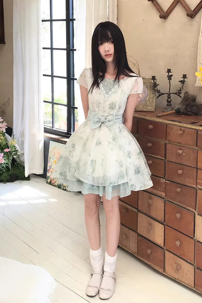 Sweet Lolita Dress - Floral Printed Bow Lace, Green, Lace Trim, Bow Detail - additional product view 4